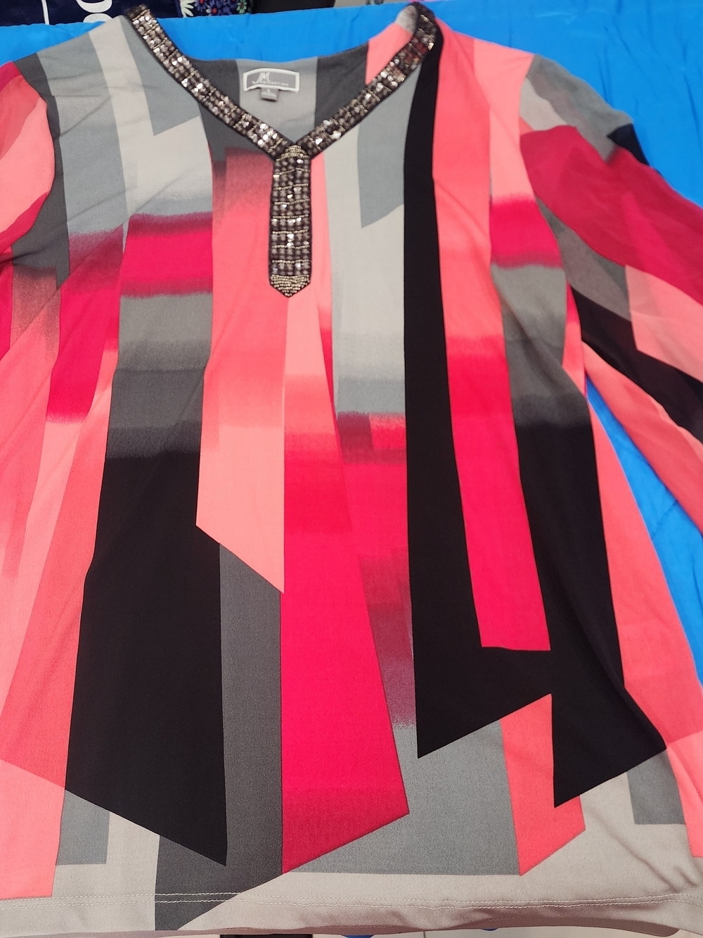 JM Collection Pink Coral Black Geometric Beaded-Neck Blouse